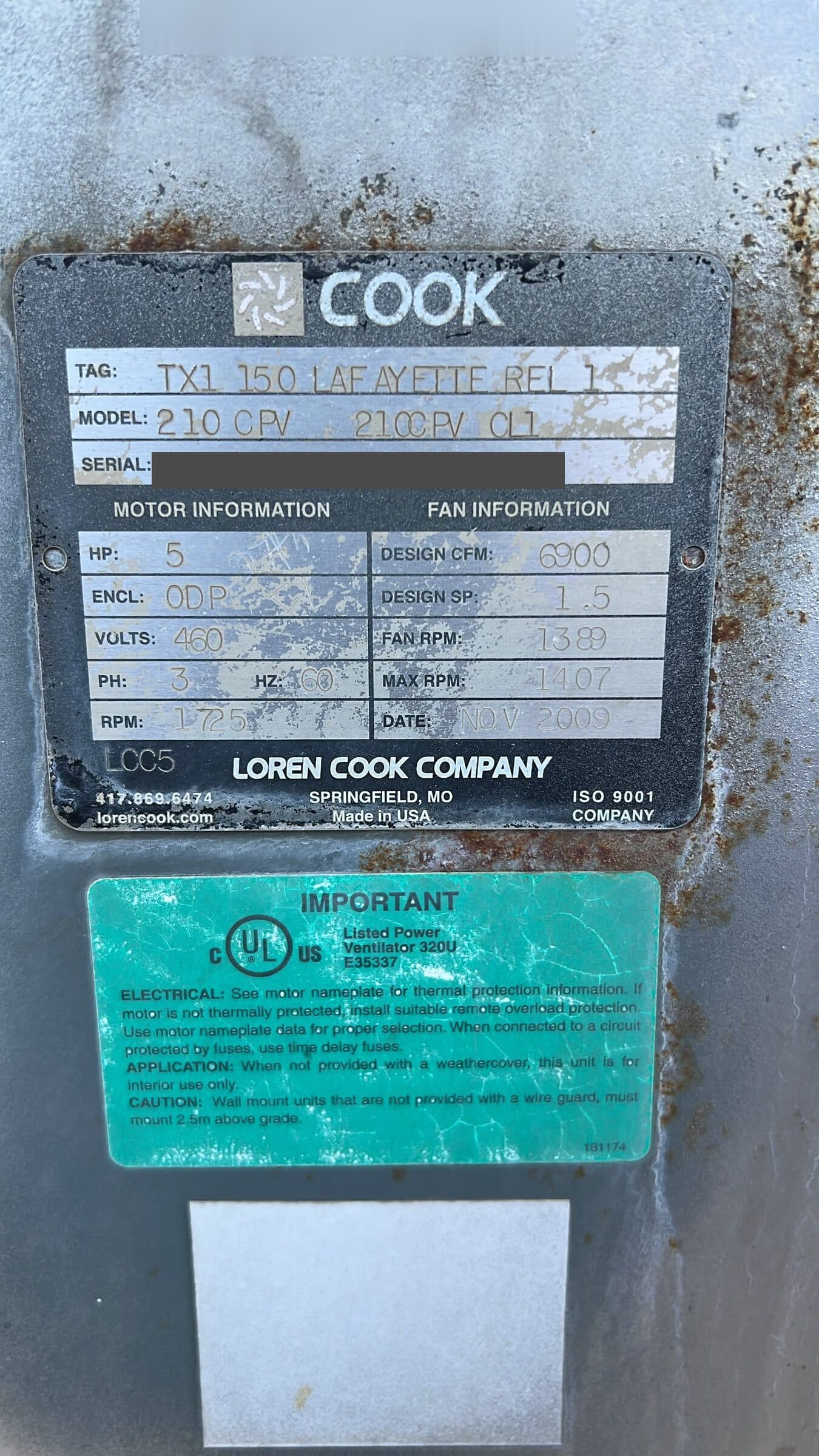 Loren Cook Model 210 CPV rooftop power ventilator nameplate, 5 HP, 460 volt three-phase, 6900 CFM, manufactured November 2009, serial masked